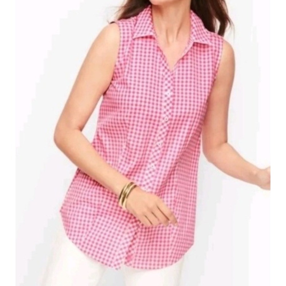 Talbots Pink Gingham Sleeveless Button Down Shirt Non-Iron Cotton Blend Size 4